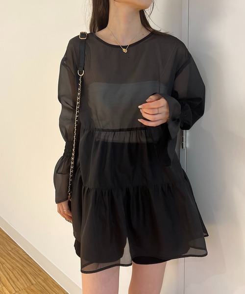 one after another NICE CLAUP（ワンアフターアナザーナイスクラップ）の「前後2WAY/オーガンジーチュニック（チュニック・レディース・アイボリー/ブラック・FREE）」の19枚目の写真
