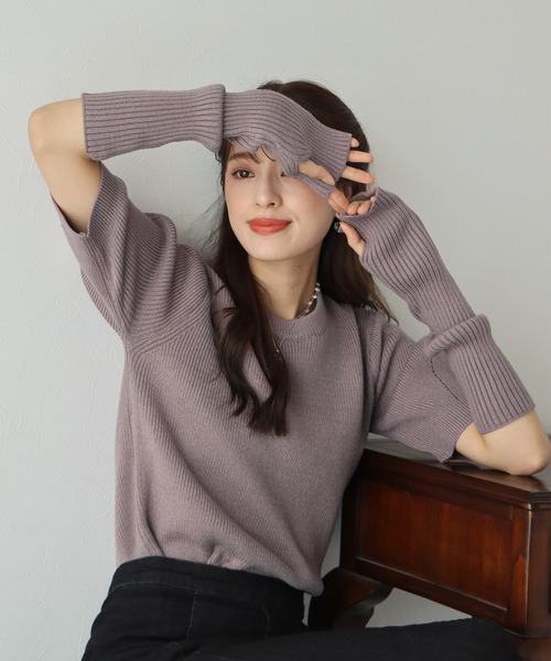 BLUEEAST（ブルーイースト）の「アームウォーマー付きパフスリーブリブニット（ニット/セーター・レディース・モカ/ベージュ/グレー/ブラック・MEDIUM）」の18枚目の写真