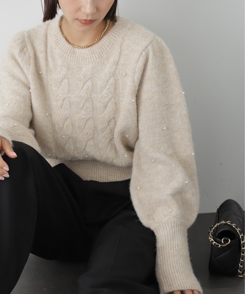 FREE'S MART（フリーズマート）の「◆パール付きケーブルショート丈ニット（ニット/セーター・レディース・グレー/ライトブルー/オフホワイト・FREE）」の11枚目の写真