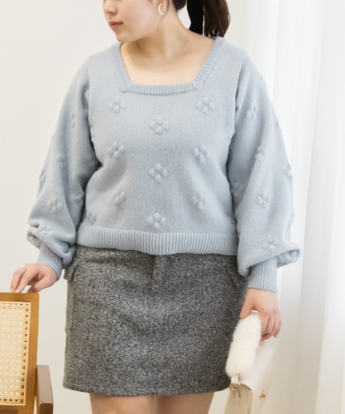 CLETTE(クレット)の「ぽこぽこフラワーニット(ニット/セーター・レディース・ピンク/ブルー/オフホワイト/ミント・LL/3L/4L)」の4枚目の写真