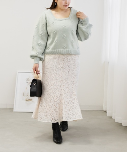 CLETTE(クレット)の「ぽこぽこフラワーニット(ニット/セーター・レディース・ピンク/ブルー/オフホワイト/ミント・LL/3L/4L)」の9枚目の写真