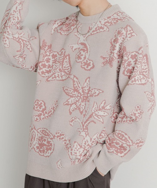 SENSE OF PLACE by URBAN RESEARCH（センスオブプレイスバイアーバンリサーチ）の「モールフラワークルーネックセーター（ニット/セーター・メンズ・ライトベージュ/ブラック/ブルー・LARGE/MEDIUM）」の3枚目の写真