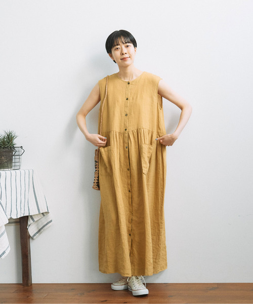 自由が丘限定、製品染めリネンノースリワンピース PAR ICI（パーリッシィ）の「リネン製品染め ノースリーブ