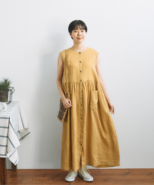 1920s フレンチアンティークリネン ノースリーブワンピース 製品染め 1920s フレンチアンティークリネン ノースリーブワンピース 製品染め