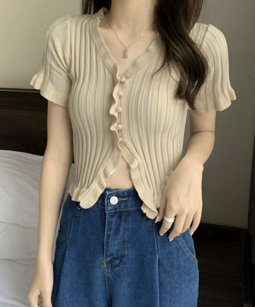Miniministore(ミニミニストア)の「フリルリブニットレディース Vネック薄手(ニット/セーター・レディース・ラベンダー/ブラック/ベージュ/ホワイト/レッド/ロイヤルブルー/ピンク/ワインレッド/ライム・FREE)」の3枚目の写真