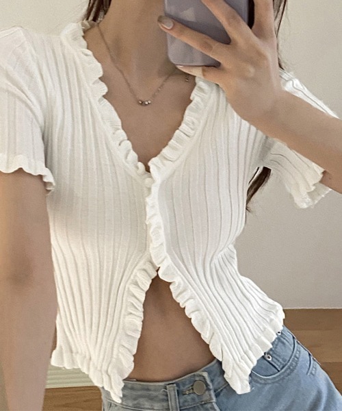 Miniministore(ミニミニストア)の「フリルリブニットレディース Vネック薄手(ニット/セーター・レディース・ラベンダー/ブラック/ベージュ/ホワイト/レッド/ロイヤルブルー/ピンク/ワインレッド/ライム・FREE)」の2枚目の写真