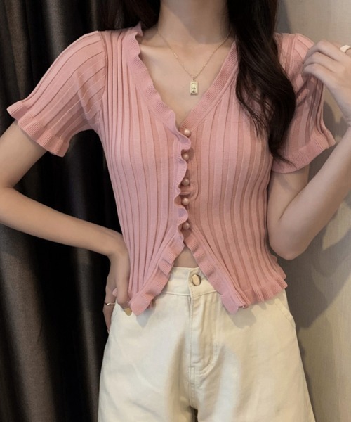 Miniministore(ミニミニストア)の「フリルリブニットレディース Vネック薄手(ニット/セーター・レディース・ラベンダー/ブラック/ベージュ/ホワイト/レッド/ロイヤルブルー/ピンク/ワインレッド/ライム・FREE)」の7枚目の写真