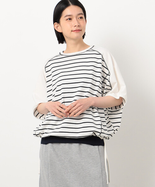 ONIGIRI（オニギリ）の「ボーダー　ドルマンスリーブＴシャツ（Tシャツ/カットソー・レディース・イエロー/オレンジ/ネイビー/ターコイズブルー・FREE）」の2枚目の写真