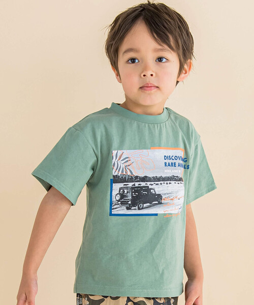 Noeil aime BeBe（ノイユエイムベベ）の「サファリカー写真プリントTシャツ(80~130cm)（Tシャツ/カットソー・キッズ・ホワイト/グリーン・130cm/80ｃｍ/90cm/110cm/100cm/120cm）」の2枚目の写真