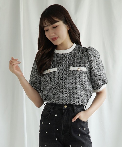 セール】【Jasmine】ツイード風ハーフスリーブパールボタントップス（T  