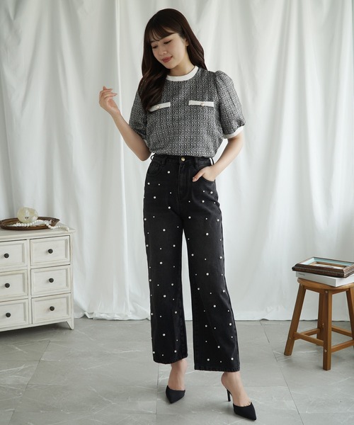 Jasmine Grandiflorum(ジャスミングランディフローラム)の「【Jasmine】ツイード風ハーフスリーブパールボタントップス (SS)(シャツ/ブラウス・レディース・ブラック/ライトグリーン・FREE)」の4枚目の写真