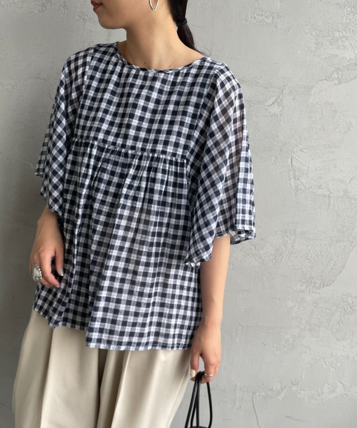 soil（ソイル）の「[SOIL/ソイル] ファンシーギンガムチェック ドルマンスリーブシャツブラウス（シャツ/ブラウス・レディース・ネイビー/チャコールグレー・1）」の2枚目の写真