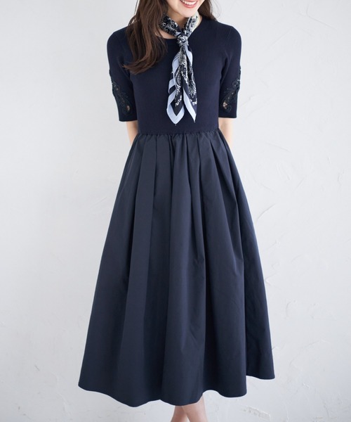 tocco closetフラワー刺繍スリーブリブニットタフタドッキングワンピース フラワー刺繍スリーブリブニット×タフタドッキングワンピース