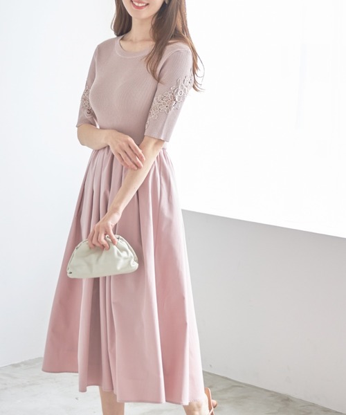 tocco closetフラワー刺繍スリーブリブニットタフタドッキングワンピース フラワー刺繍スリーブリブニット×タフタドッキングワンピース