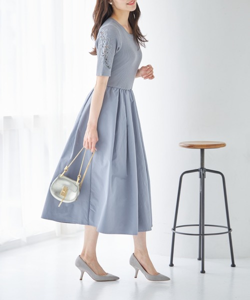 tocco closetフラワー刺繍スリーブリブニットタフタドッキングワンピース フラワー刺繍スリーブリブニット×タフタドッキングワンピース