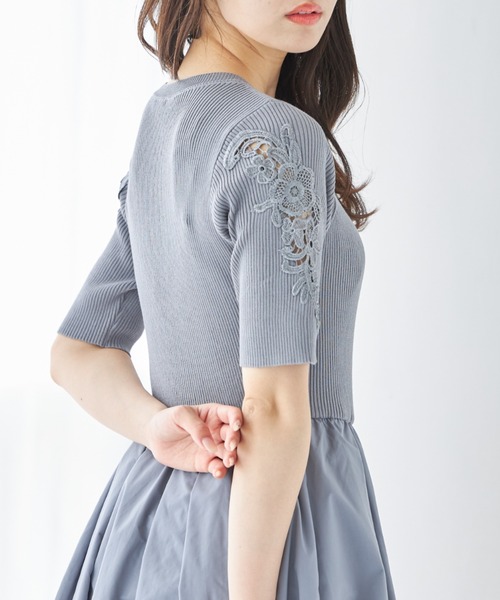 tocco フラワー刺繍スリーブリブニット×タフタドッキングワンピース フラワー刺繍スリーブリブニット×タフタドッキングワンピース