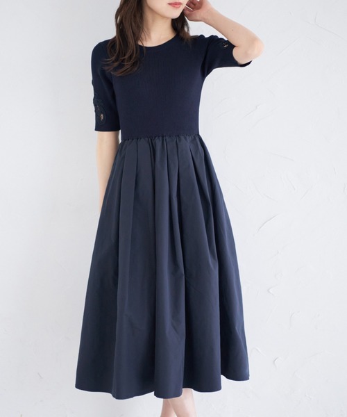 tocco closetフラワー刺繍スリーブリブニットタフタドッキングワンピース フラワー刺繍スリーブリブニット×タフタドッキングワンピース