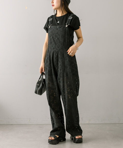 mline（エムライン）の「[mline]レースサロペット（サロペット/オーバーオール・レディース・ブラック/オフホワイト・FREE）」の2枚目の写真