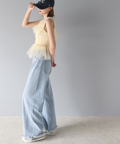 mily bilet（ミウィビレット）の「【mily bilet】動くたび、キラキラ輝くオーロラストーンが主役。ヴィンテージライクカーブデニムパンツ（デニムパンツ・レディース・ブルー/その他1/ブラック・X-LARGE/SMALL/MEDIUM/LARGE）」の7枚目の写真