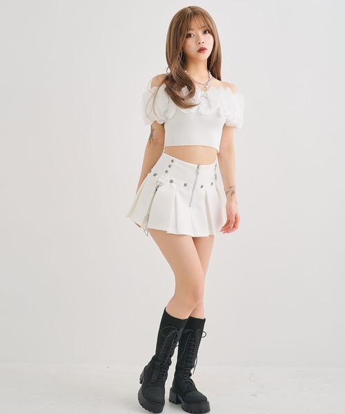 Diable baiser(ディアブルベーゼ)の「ウェーブシフォンオフショルニットトップス(ニット/セーター・レディース・ブラック/ピンク/ホワイト・FREE)」の4枚目の写真