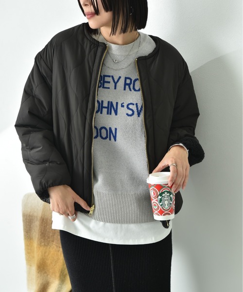 【セール】タフタ＊ボアリバーシブルノーカラーショートコート（その他アウター）｜INTERPLANET（インタープラネット）