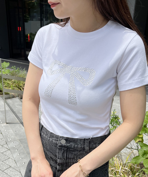 ラインストーン付きリボン　クロップド丈トップス セール】リボンラインストーントップス（Tシャツ/カットソー