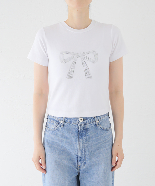セール】リボンラインストーントップス（Tシャツ/カットソー）｜U by