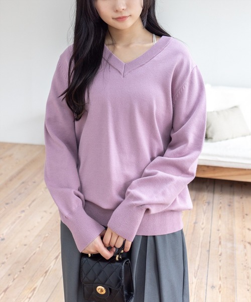セール】Vネックロングニットトップス [骨格ストレート 着回し抜群