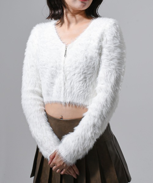 .KOM(ドットコム)の「A'GEM/9 × .kom 『.kom/ドットケーオーエム』ファークロップZIPUPトップス(ニット/セーター・レディース・ブラック/ホワイト・FREE)」の6枚目の写真