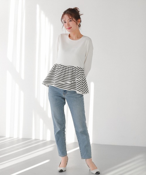 フィットモア　アシンメトリーフリルペプラムボーダーカットソー アシンメトリーフリルペプラムボーダーカットソー（Tシャツ