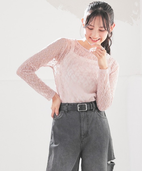 Honeys（ハニーズ）の「総レーストップス（Tシャツ/カットソー・レディース・ホワイト/ブラック/アイボリー/ピンク・L/M/S）」の4枚目の写真