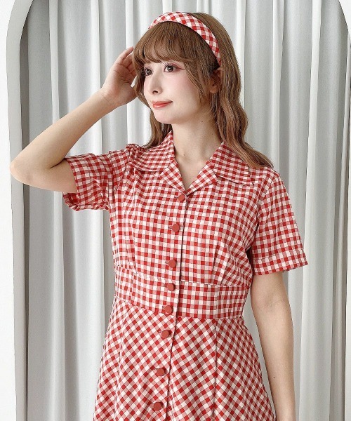 an another angelus（アンアナザーアンジェラス）の「レトロギンガム開衿ワンピース（ワンピース・レディース・ホワイト×ブルー/ホワイト×グリーン/ピンク/ブルーグリーン/ホワイト×レッド・FREE）」の2枚目の写真