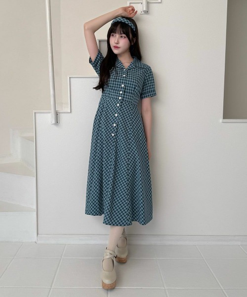 an another angelus（アンアナザーアンジェラス）の「レトロギンガム開衿ワンピース（ワンピース・レディース・ホワイト×ブルー/ホワイト×グリーン/ピンク/ブルーグリーン/ホワイト×レッド・FREE）」の11枚目の写真