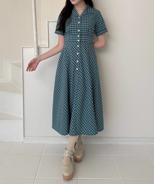 an another angelus（アンアナザーアンジェラス）の「レトロギンガム開衿ワンピース（ワンピース・レディース・ホワイト×ブルー/ホワイト×グリーン/ピンク/ブルーグリーン/ホワイト×レッド・FREE）」の13枚目の写真