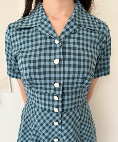 an another angelus（アンアナザーアンジェラス）の「レトロギンガム開衿ワンピース（ワンピース・レディース・ホワイト×ブルー/ホワイト×グリーン/ピンク/ブルーグリーン/ホワイト×レッド・FREE）」の14枚目の写真