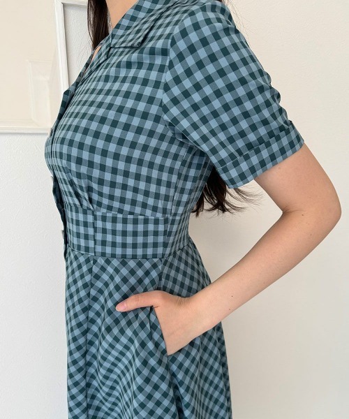 an another angelus（アンアナザーアンジェラス）の「レトロギンガム開衿ワンピース（ワンピース・レディース・ホワイト×ブルー/ホワイト×グリーン/ピンク/ブルーグリーン/ホワイト×レッド・FREE）」の16枚目の写真