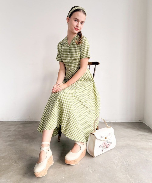an another angelus（アンアナザーアンジェラス）の「レトロギンガム開衿ワンピース（ワンピース・レディース・ホワイト×ブルー/ホワイト×グリーン/ピンク/ブルーグリーン/ホワイト×レッド・FREE）」の6枚目の写真