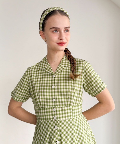 an another angelus（アンアナザーアンジェラス）の「レトロギンガム開衿ワンピース（ワンピース・レディース・ホワイト×ブルー/ホワイト×グリーン/ピンク/ブルーグリーン/ホワイト×レッド・FREE）」の7枚目の写真