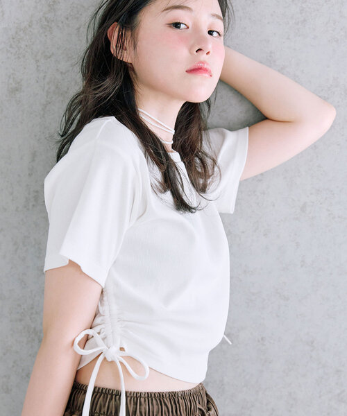 OLIVE des OLIVE（オリーブデオリーブ）の「キラキラドロストTシャツ（Tシャツ/カットソー・レディース・オフホワイト/サックスブルー/ピンク/ネイビー・FREE）」の2枚目の写真