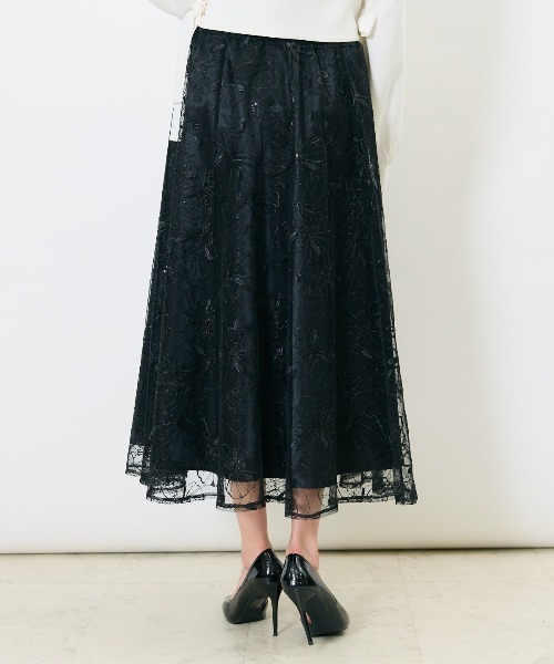 総チュールに立体的なお花とスパンコールが素敵なスカート チュールスカート ロング レディース 刺繍 立体花柄 フレア