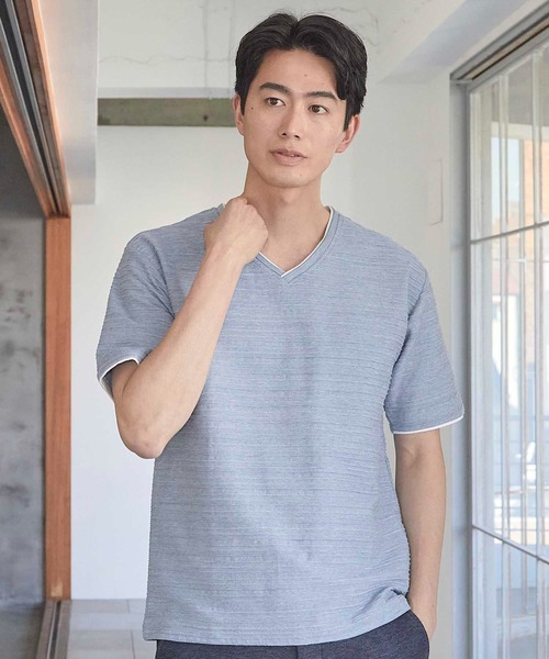 UNION STATION（ユニオンステーション）の「タックジャガードVネックTシャツ（Tシャツ/カットソー・メンズ・ピンク/ホワイト/ライトブルー/ブラック系その他・L/M/S/LL）」の3枚目の写真