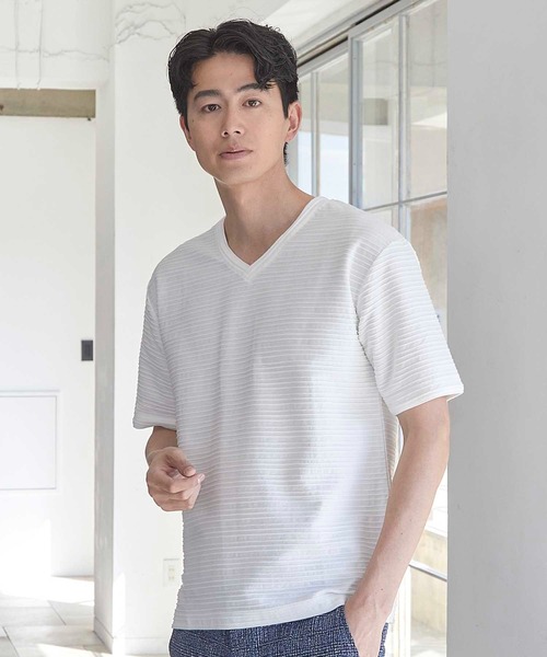 UNION STATION（ユニオンステーション）の「タックジャガードVネックTシャツ（Tシャツ/カットソー・メンズ・ピンク/ホワイト/ライトブルー/ブラック系その他・L/M/S/LL）」の5枚目の写真