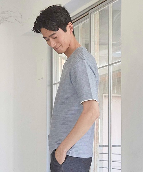 UNION STATION（ユニオンステーション）の「タックジャガードVネックTシャツ（Tシャツ/カットソー・メンズ・ピンク/ホワイト/ライトブルー/ブラック系その他・L/M/S/LL）」の16枚目の写真