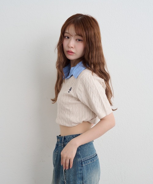 RAY CASSIN（レイカズン）の「【襟取り外し可】襟付きVネックケーブル半袖ニット（ニット/セーター・レディース・ピンク/ブルー/アイボリー/ネイビー/ピンク系その他2/ブルー系その他2・FREE）」の12枚目の写真