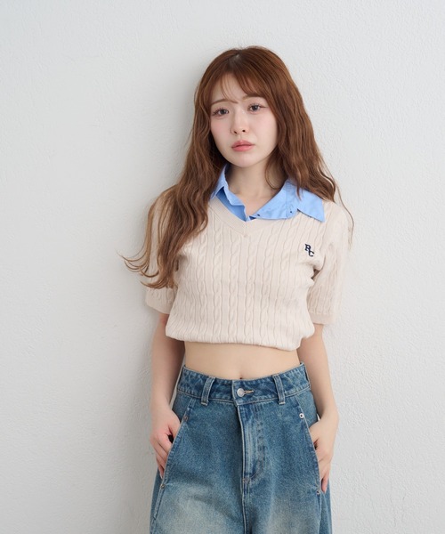 RAY CASSIN（レイカズン）の「【襟取り外し可】襟付きVネックケーブル半袖ニット（ニット/セーター・レディース・ピンク/ブルー/アイボリー/ネイビー/ピンク系その他2/ブルー系その他2・FREE）」の8枚目の写真