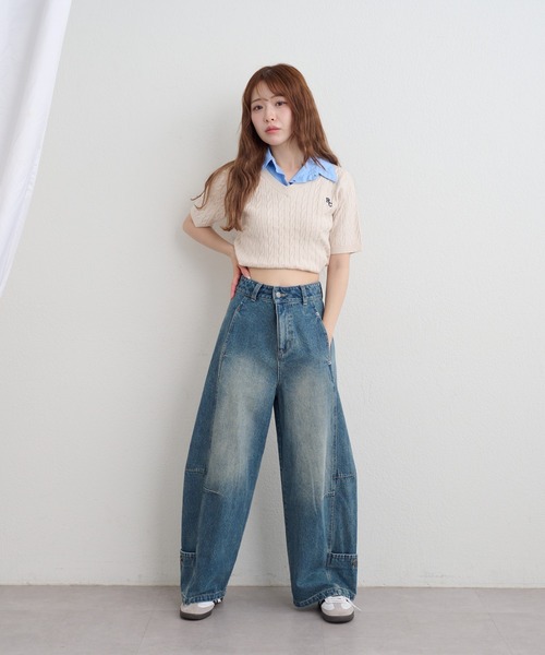 RAY CASSIN（レイカズン）の「【襟取り外し可】襟付きVネックケーブル半袖ニット（ニット/セーター・レディース・ピンク/ブルー/アイボリー/ネイビー/ピンク系その他2/ブルー系その他2・FREE）」の11枚目の写真