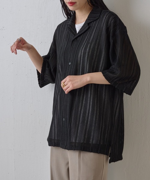 COLONY 2139（コロニートゥーワンスリーナイン）の「ニット透かし編み半袖シャツ（シャツ/ブラウス・メンズ・ホワイト/アイボリー/ブラック・MEDIUM/LARGE）」の3枚目の写真