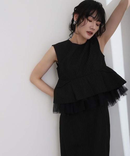 【緊急値下げ】美品♥︎ ストライプ　夏用お呼ばれドレス セール】ペプラムセットアップピンストライプVネックパーティー