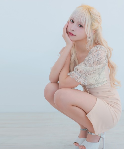 myMinette(マイミネット)の「キャバドレス ミニ タイト 五分袖 レース ウエストベルト切替 ラップスカートドレス(ドレス・レディース・ホワイト×ブラック/ベージュ・LARGE/MEDIUM/SMALL)」の9枚目の写真