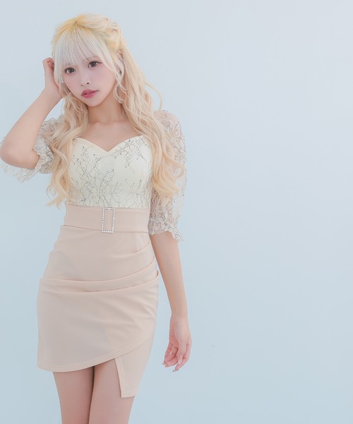 myMinette(マイミネット)の「キャバドレス ミニ タイト 五分袖 レース ウエストベルト切替 ラップスカートドレス(ドレス・レディース・ホワイト×ブラック/ベージュ・LARGE/MEDIUM/SMALL)」の10枚目の写真